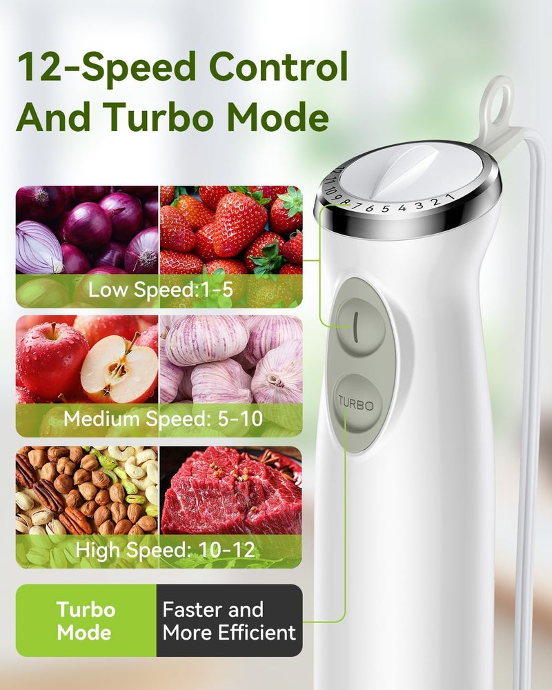 Abuler Immersion Blender Handheld 5 in 1 Hand Blender, 1000W Hand Mixer Stick, BPA-Free 12 Speed Handheld Blender with Mixing Beaker, Chopper, Whisk and Milk Frother for Soup, Sauce, Baby Food (White) - Image 4